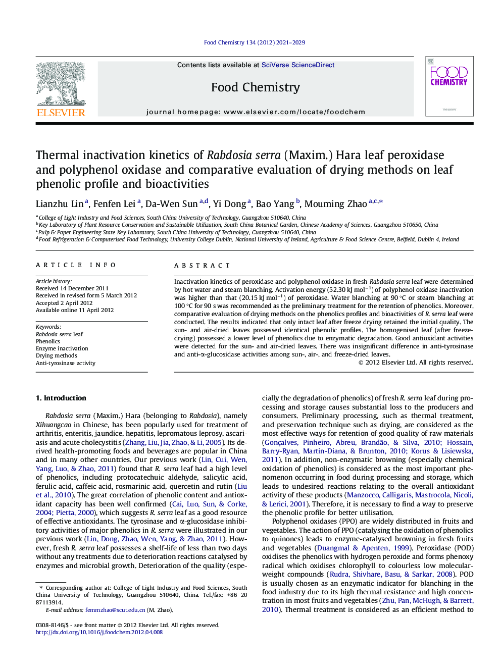 Thermal inactivation kinetics of Rabdosia serra (Maxim.) Hara leaf peroxidase and polyphenol oxidase and comparative evaluation of drying methods on leaf phenolic profile and bioactivities