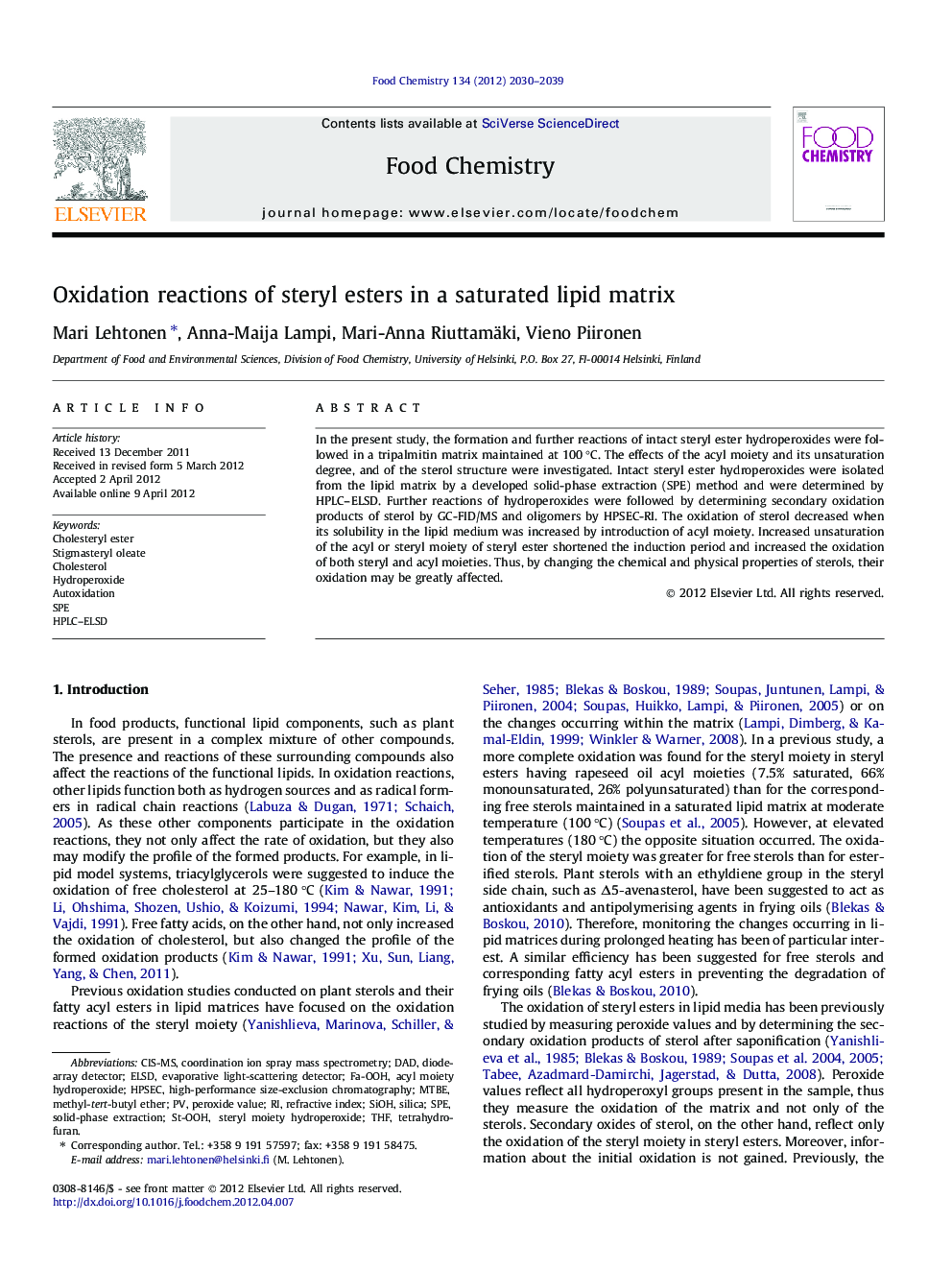 عکس صفحه اول مقاله: Oxidation reactions of steryl esters in a saturated lipid matrix Oxidation reactions of steryl esters in a saturated lipid matrix