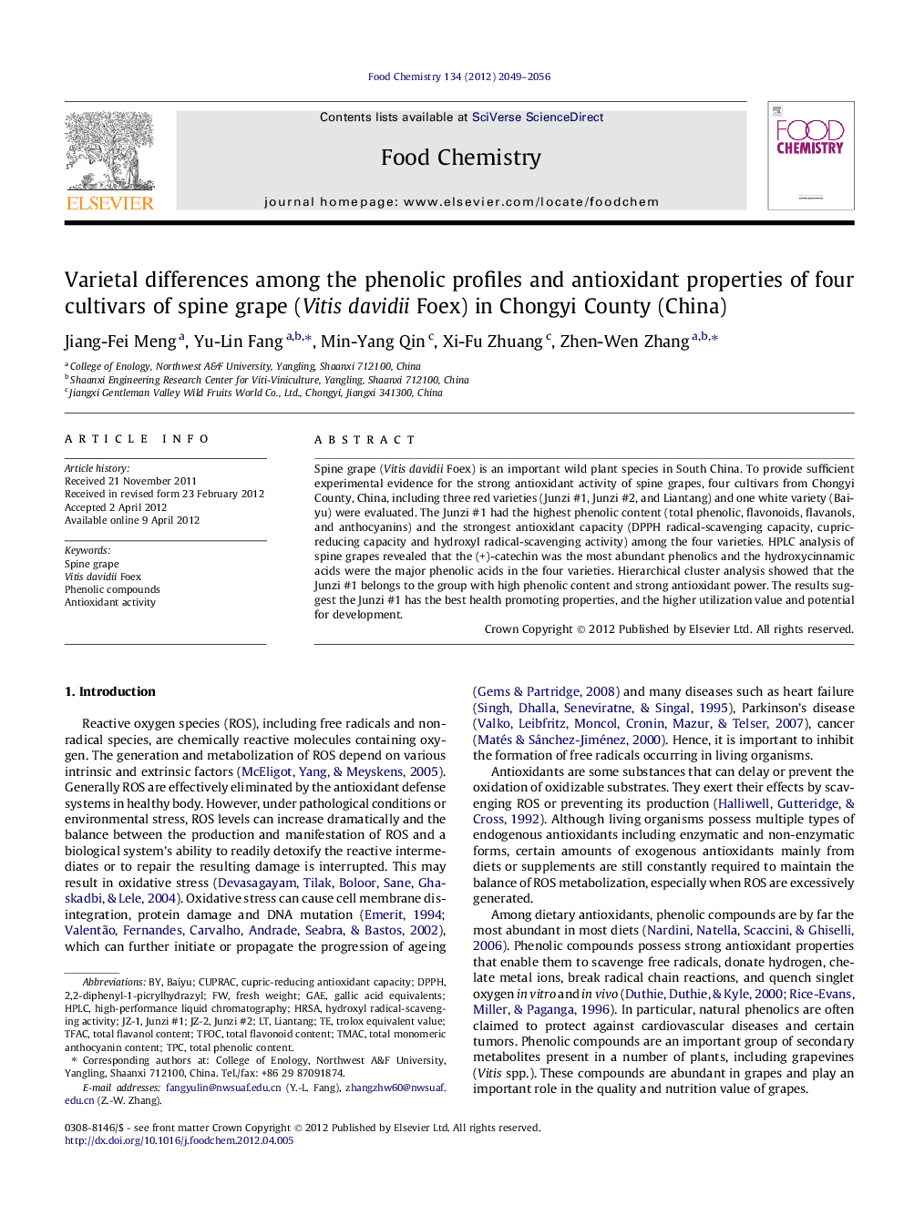 Varietal differences among the phenolic profiles and antioxidant properties of four cultivars of spine grape (Vitis davidii Foex) in Chongyi County (China)