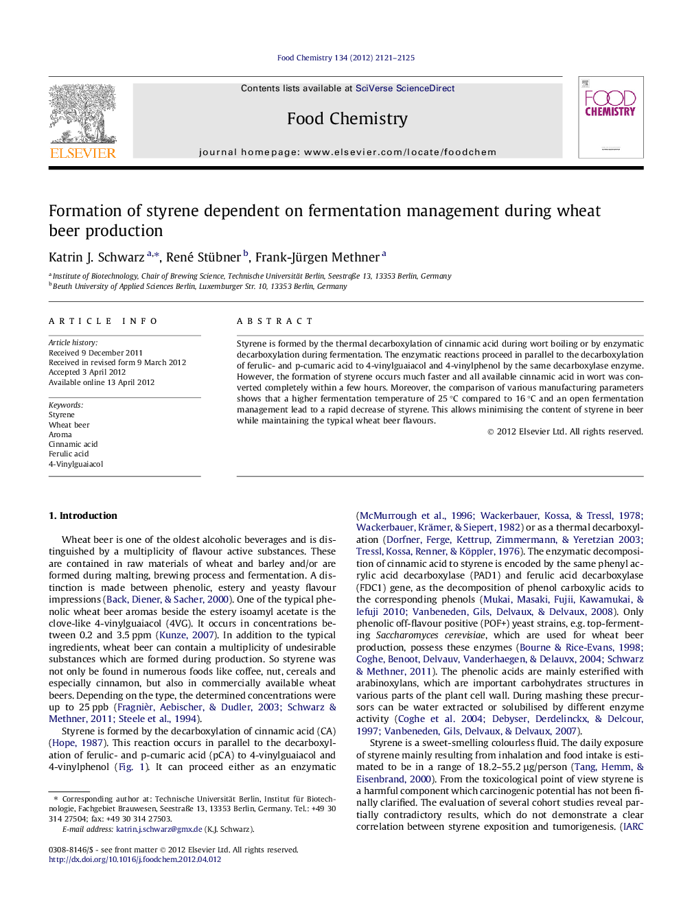 Formation of styrene dependent on fermentation management during wheat beer production