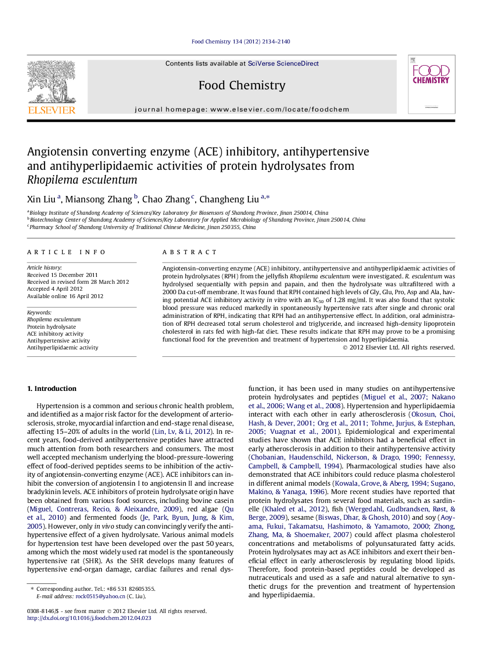 Angiotensin converting enzyme (ACE) inhibitory, antihypertensive and antihyperlipidaemic activities of protein hydrolysates from Rhopilema esculentum