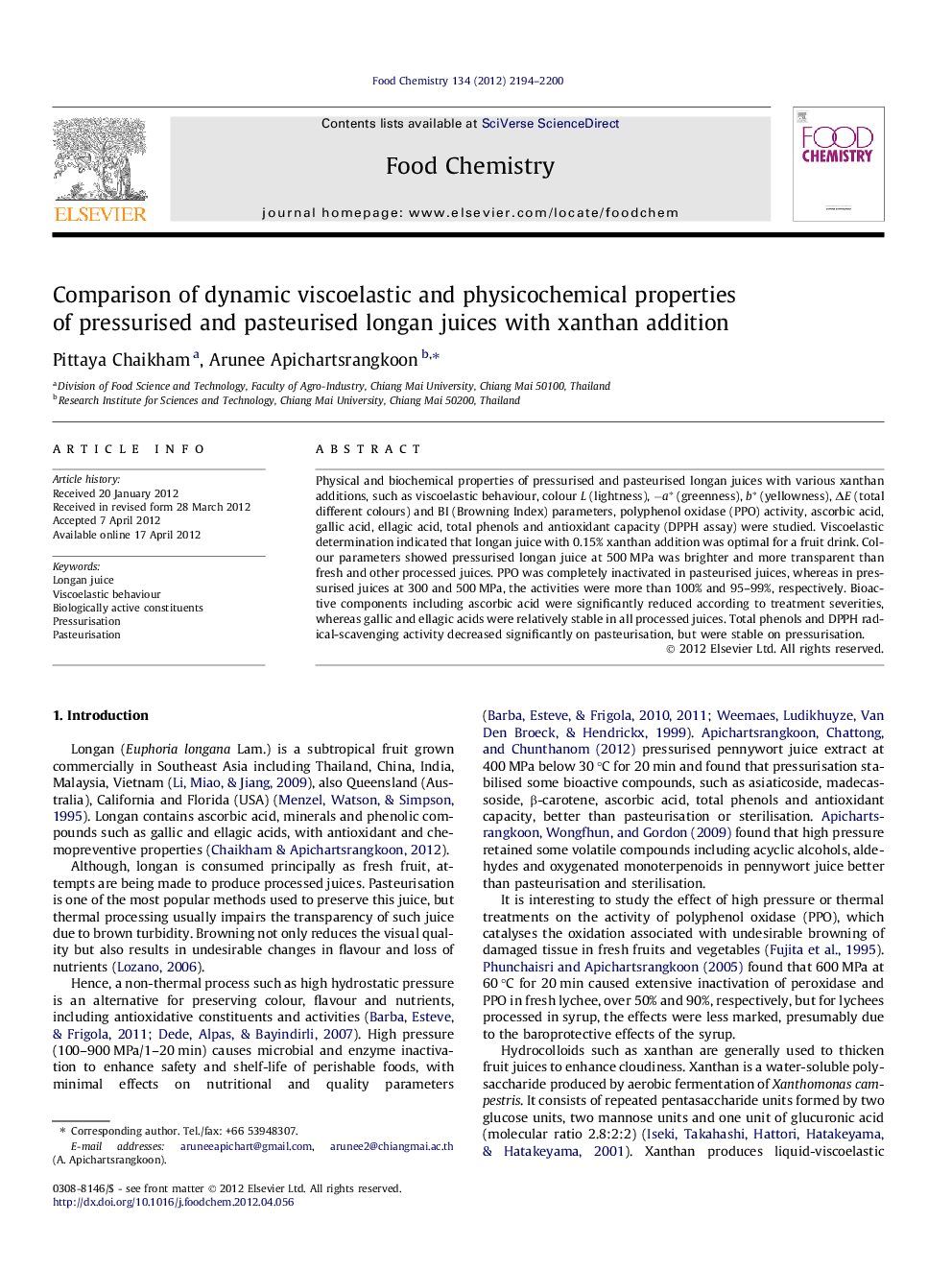 Comparison of dynamic viscoelastic and physicochemical properties of pressurised and pasteurised longan juices with xanthan addition