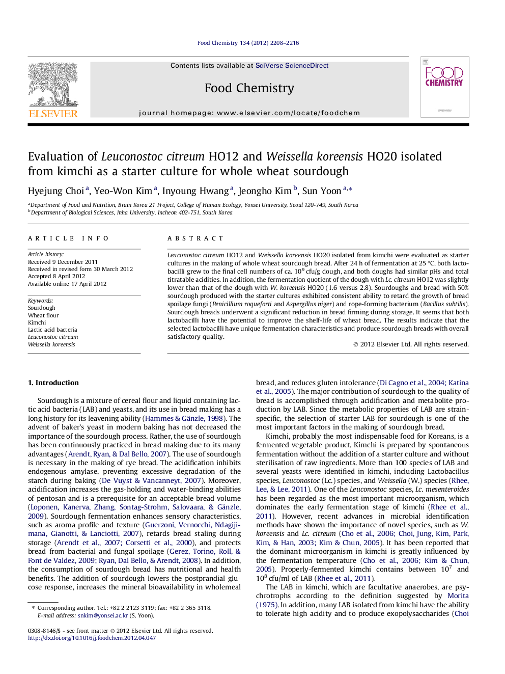 Evaluation of Leuconostoc citreum HO12 and Weissella koreensis HO20 isolated from kimchi as a starter culture for whole wheat sourdough