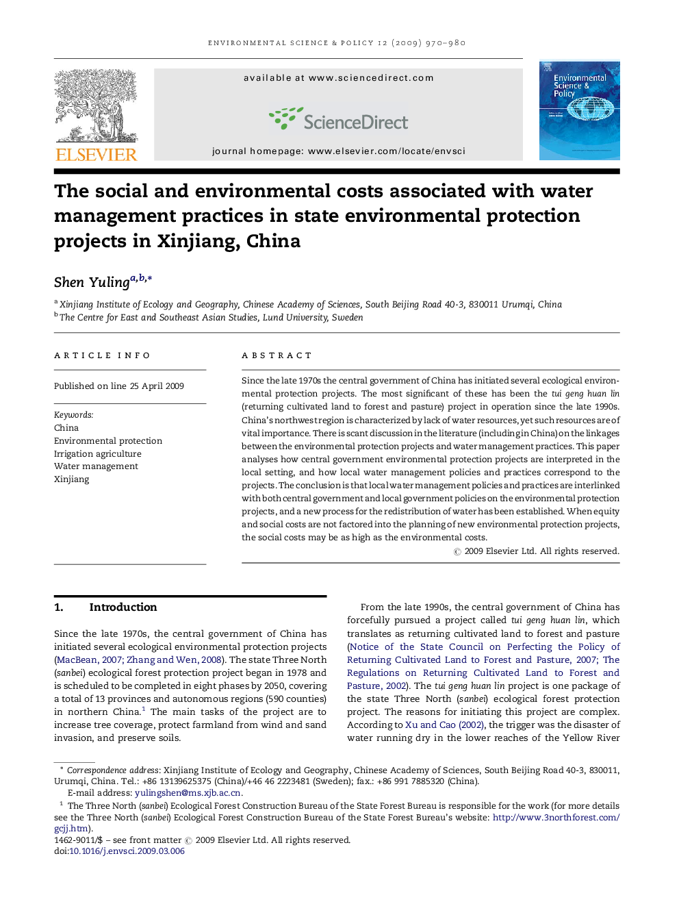 The social and environmental costs associated with water management practices in state environmental protection projects in Xinjiang, China