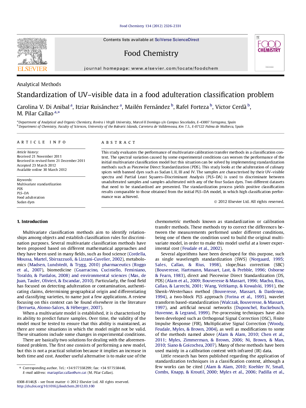 عکس صفحه اول مقاله: Standardization of UV-visible data in a food adulteration classification problem Standardization of UV-visible data in a food adulteration classification problem
