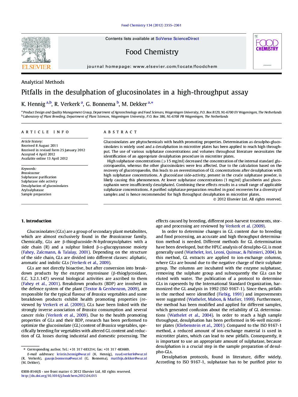 Pitfalls in the desulphation of glucosinolates in a high-throughput assay