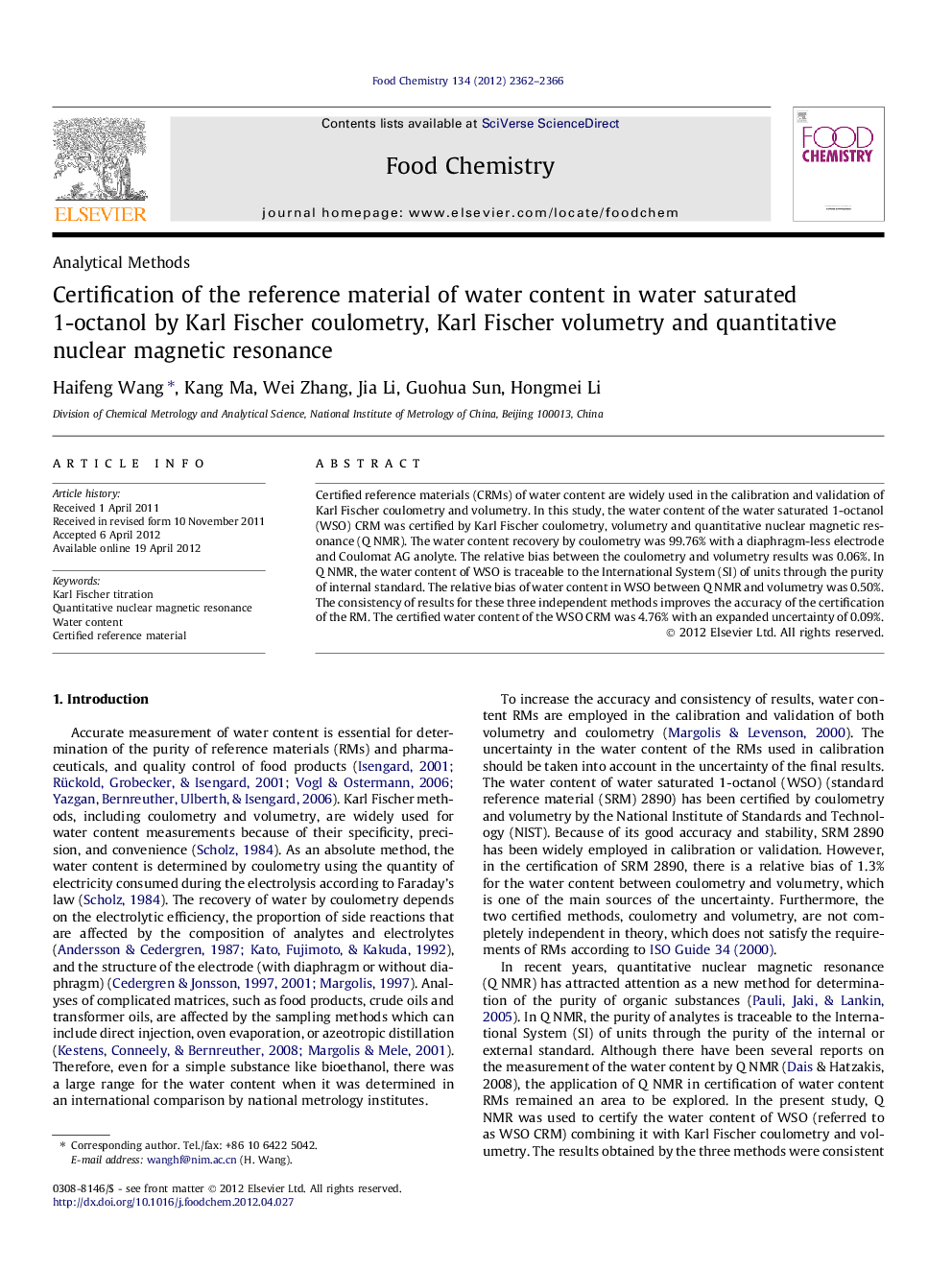 Certification of the reference material of water content in water saturated 1-octanol by Karl Fischer coulometry, Karl Fischer volumetry and quantitative nuclear magnetic resonance