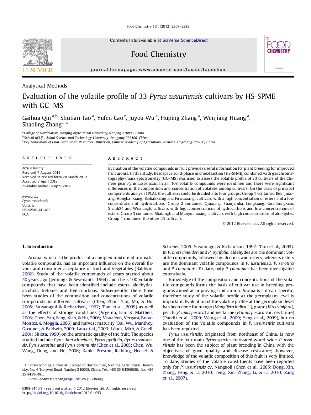 عکس صفحه اول مقاله: Evaluation of the volatile profile of 33 Pyrus ussuriensis cultivars by HS-SPME with GC-MS Evaluation of the volatile profile of 33 Pyrus ussuriensis cultivars by HS-SPME with GC-MS