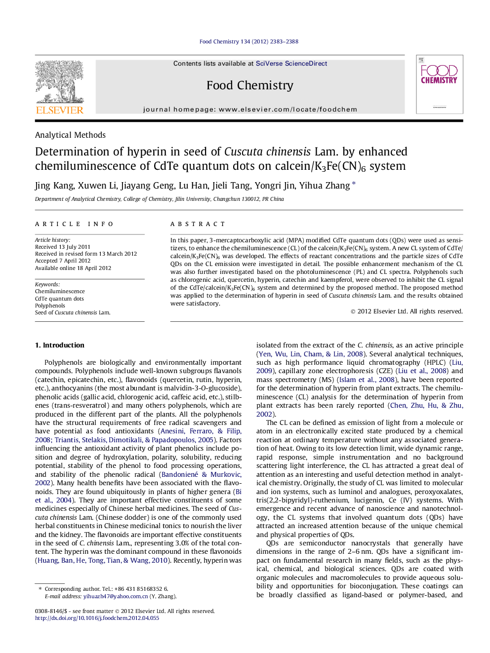 Determination of hyperin in seed of Cuscuta chinensis Lam. by enhanced chemiluminescence of CdTe quantum dots on calcein/K3Fe(CN)6 system