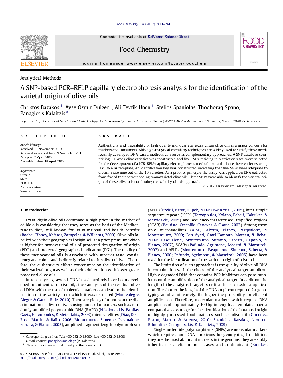 A SNP-based PCR-RFLP capillary electrophoresis analysis for the identification of the varietal origin of olive oils