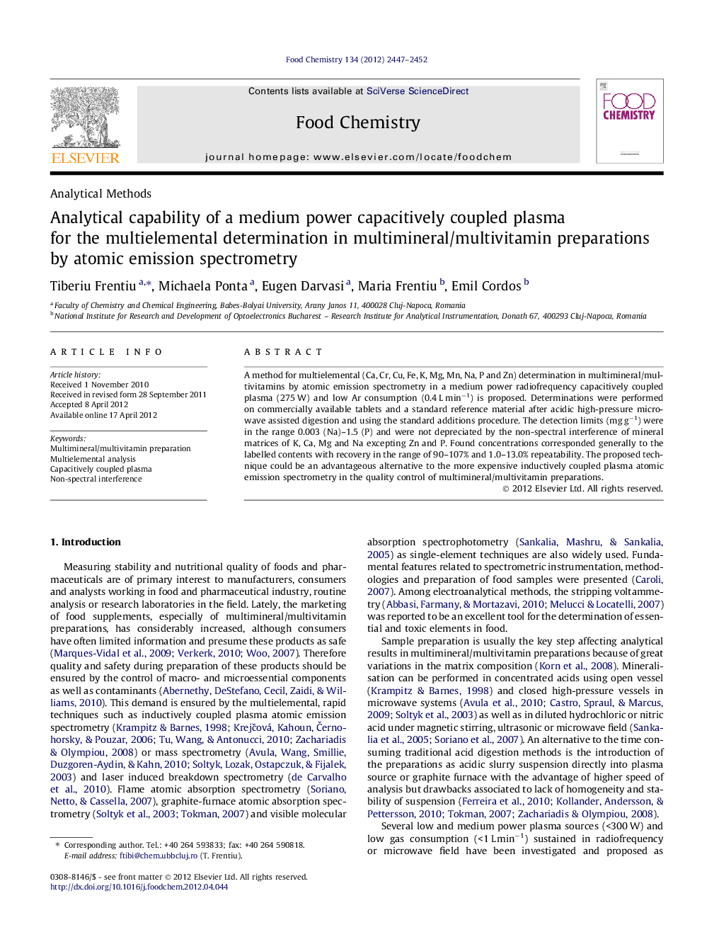 Analytical capability of a medium power capacitively coupled plasma for the multielemental determination in multimineral/multivitamin preparations by atomic emission spectrometry