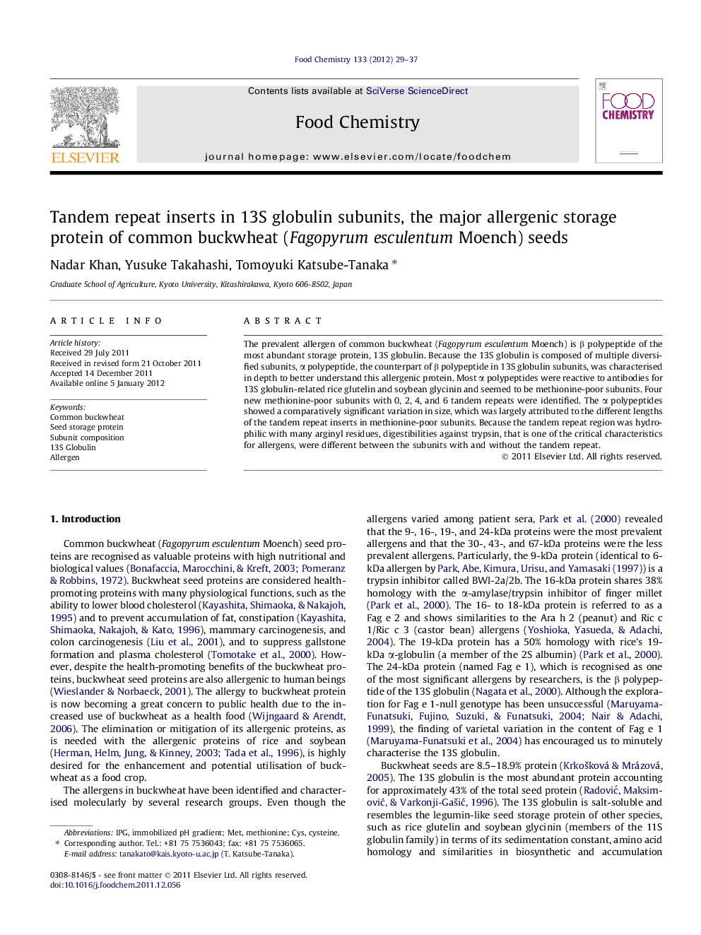 Tandem repeat inserts in 13S globulin subunits, the major allergenic storage protein of common buckwheat (Fagopyrum esculentum Moench) seeds