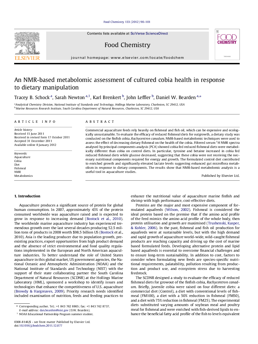 An NMR-based metabolomic assessment of cultured cobia health in response to dietary manipulation