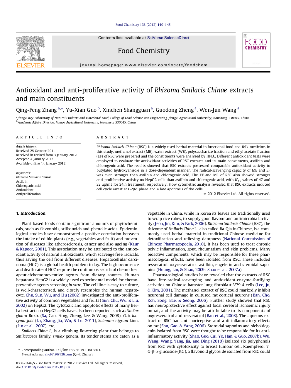 Antioxidant and anti-proliferative activity of Rhizoma Smilacis Chinae extracts and main constituents