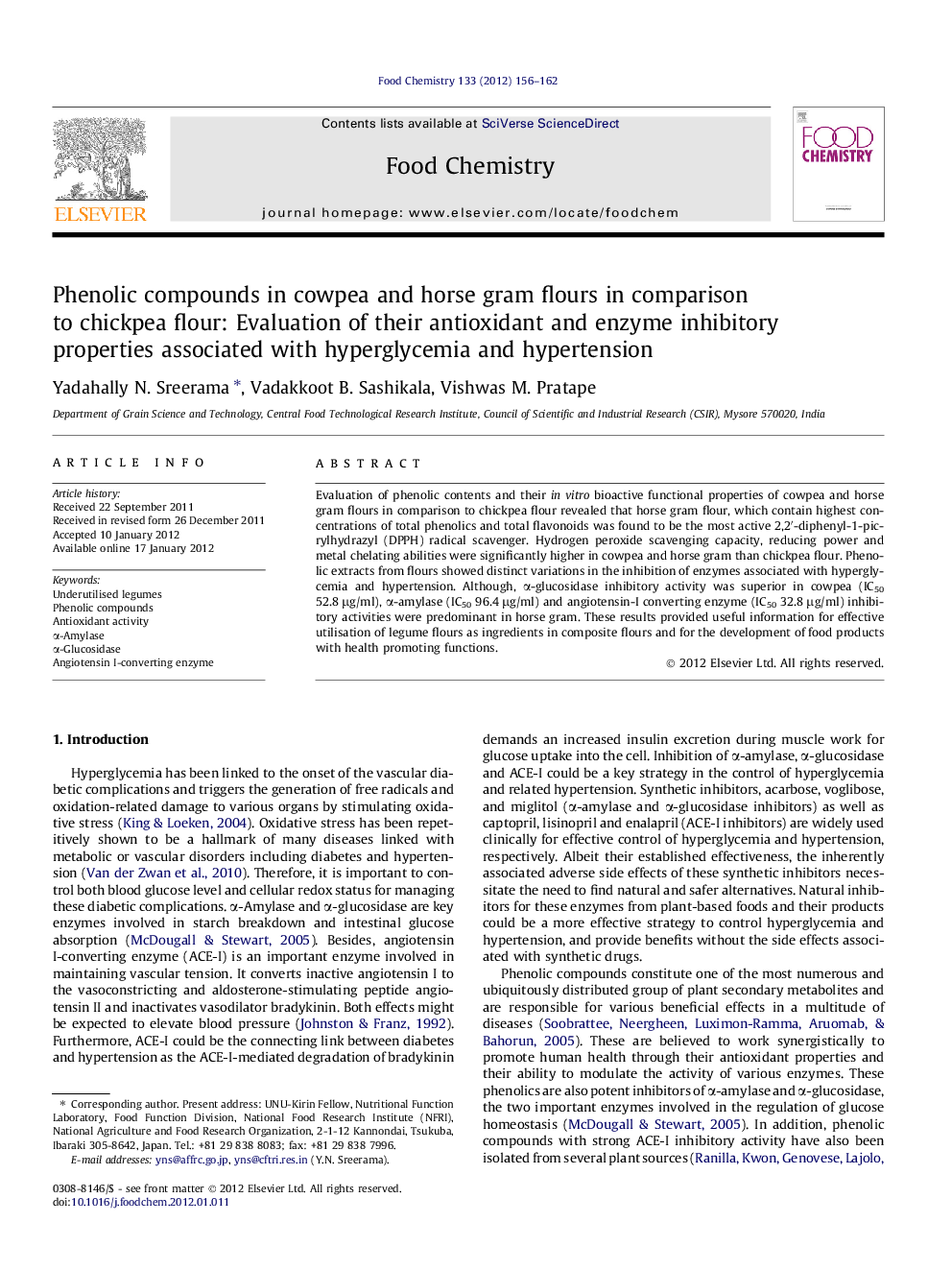 Phenolic compounds in cowpea and horse gram flours in comparison to chickpea flour: Evaluation of their antioxidant and enzyme inhibitory properties associated with hyperglycemia and hypertension