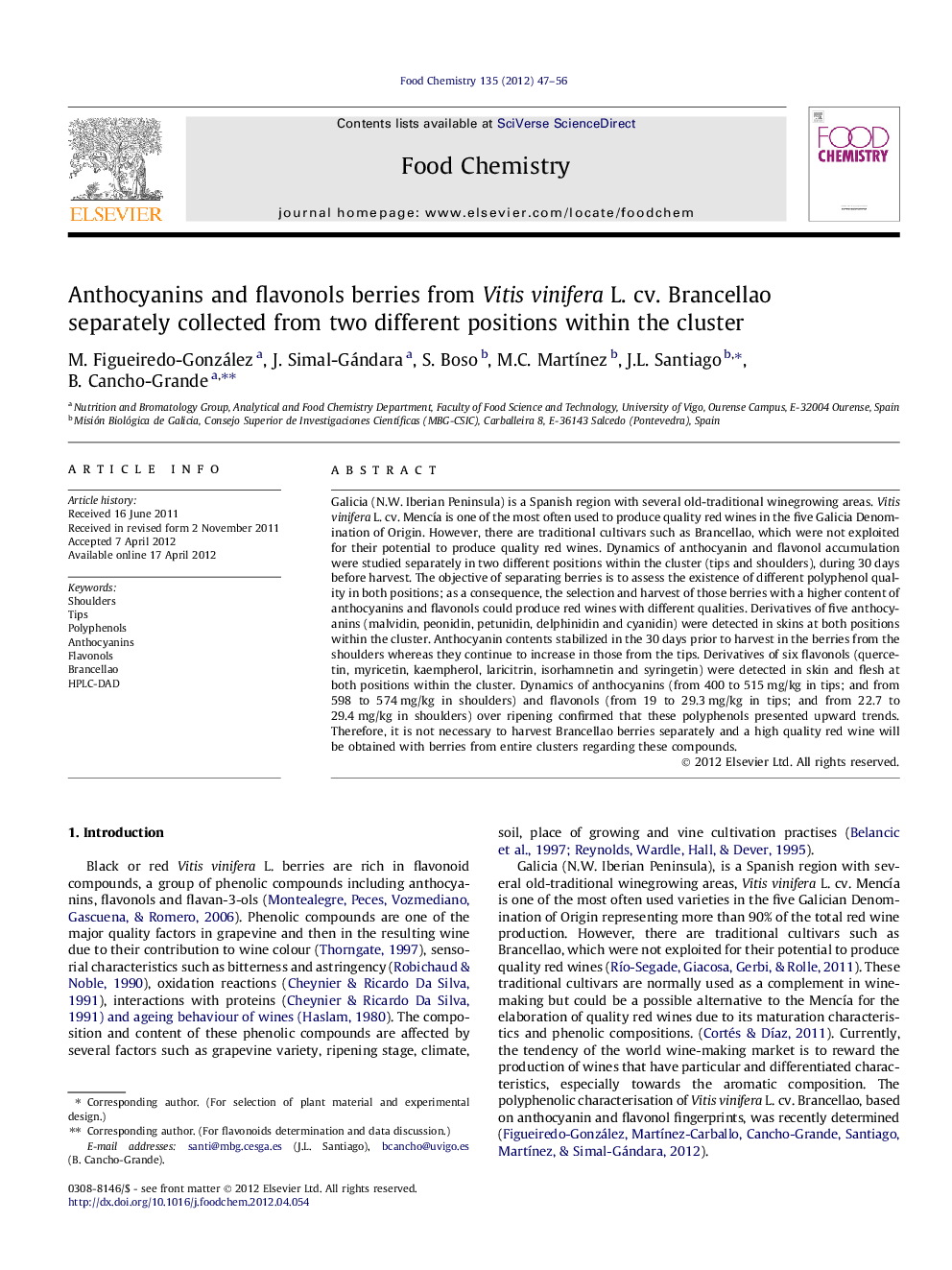 Anthocyanins and flavonols berries from Vitis vinifera L. cv. Brancellao separately collected from two different positions within the cluster