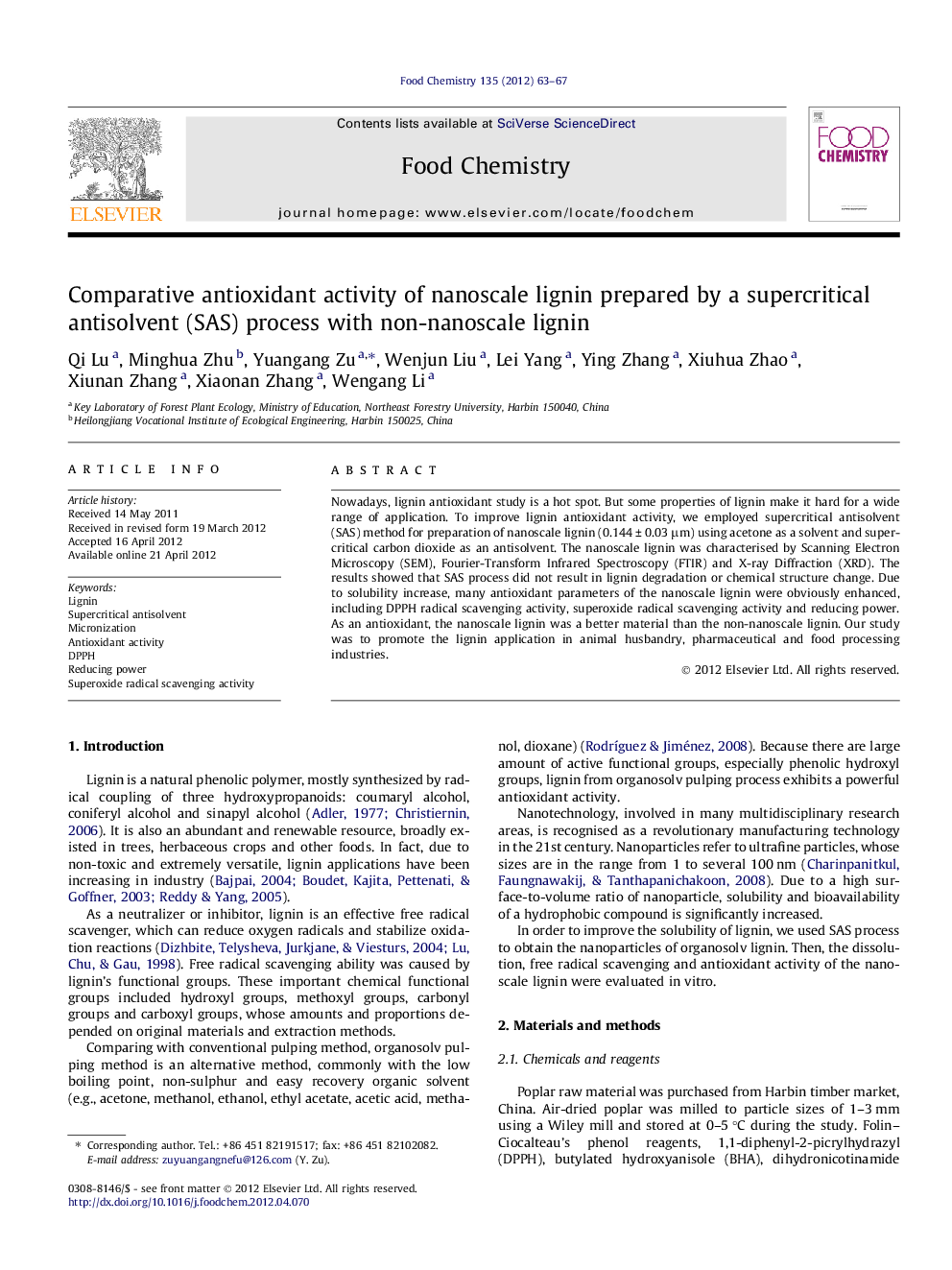 Comparative antioxidant activity of nanoscale lignin prepared by a supercritical antisolvent (SAS) process with non-nanoscale lignin