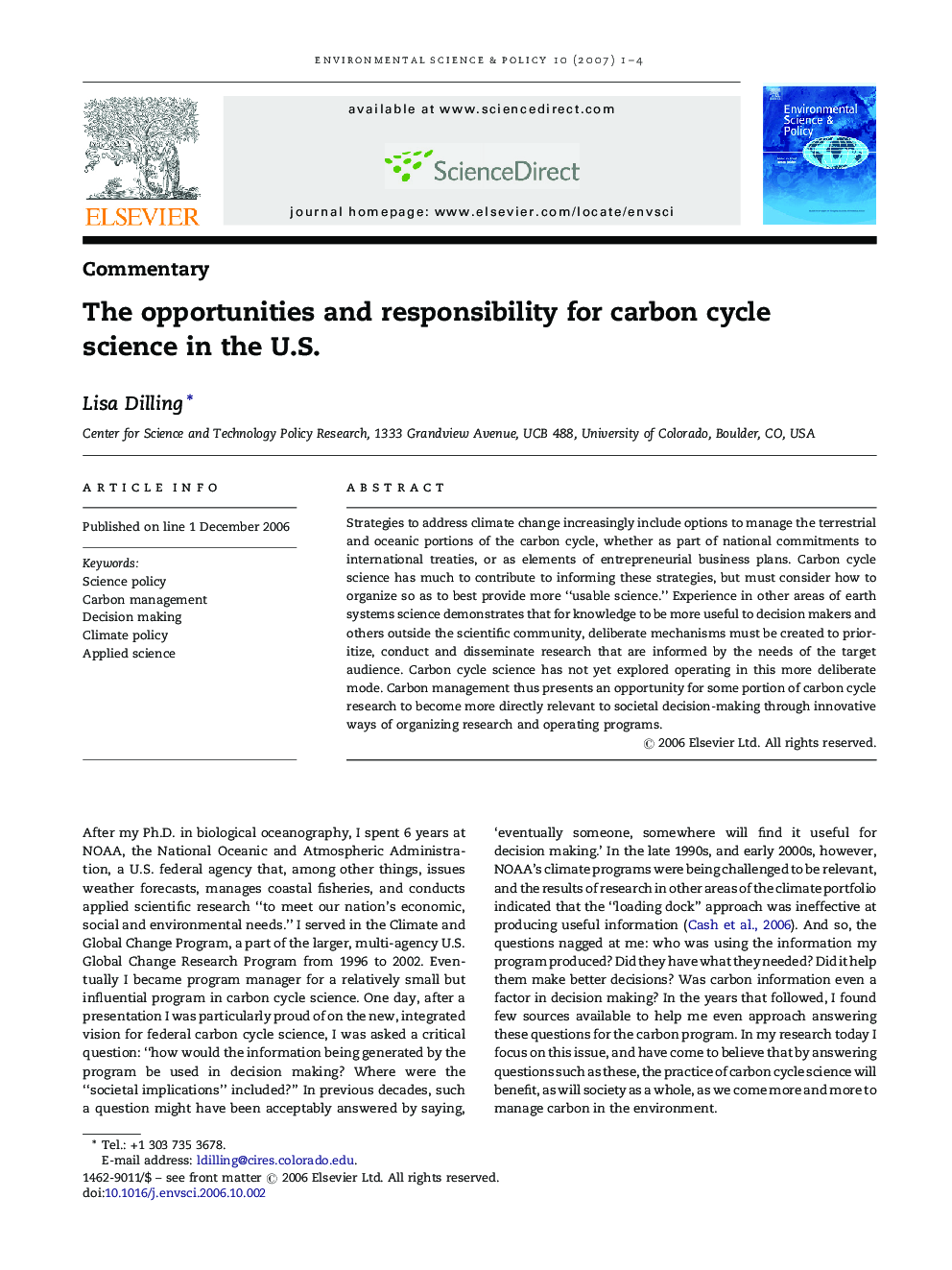 The opportunities and responsibility for carbon cycle science in the U.S.