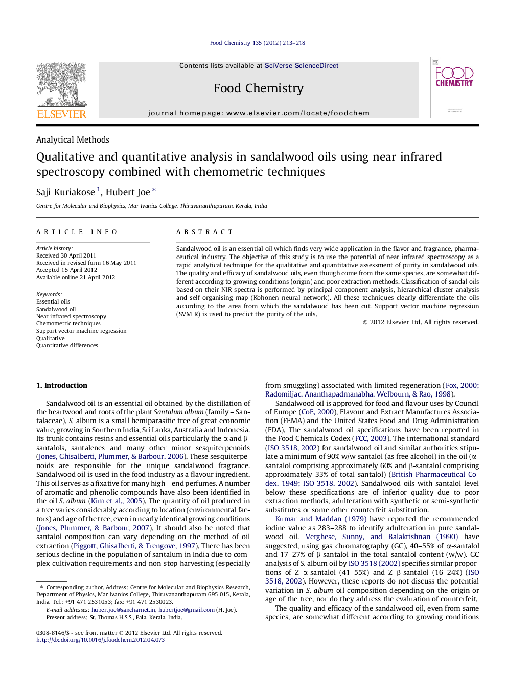 Qualitative and quantitative analysis in sandalwood oils using near infrared spectroscopy combined with chemometric techniques