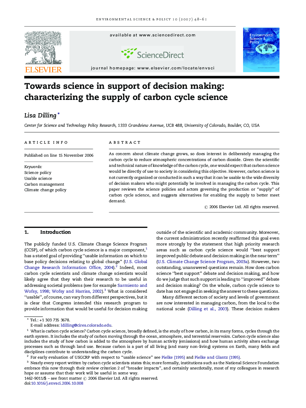 Towards science in support of decision making: characterizing the supply of carbon cycle science