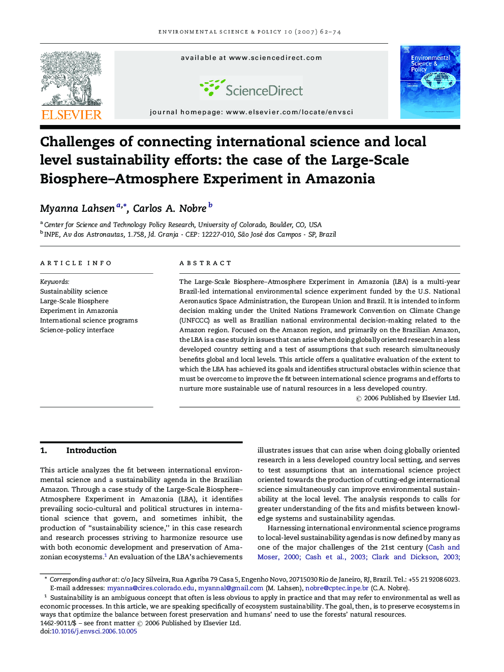 Challenges of connecting international science and local level sustainability efforts: the case of the Large-Scale Biosphere–Atmosphere Experiment in Amazonia