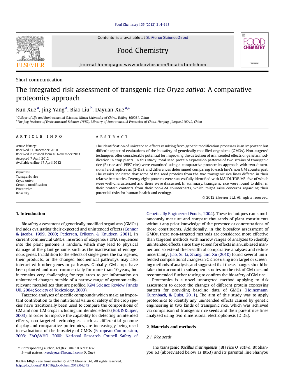 عکس صفحه اول مقاله: The integrated risk assessment of transgenic rice Oryza sativa: A comparative proteomics approach The integrated risk assessment of transgenic rice Oryza sativa: A comparative proteomics approach