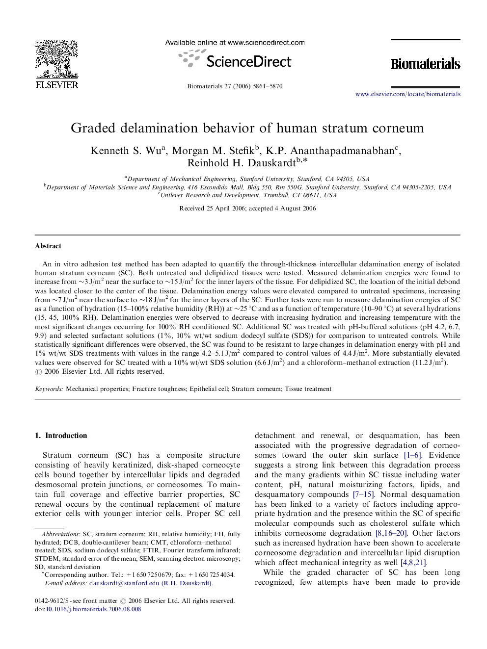 Graded delamination behavior of human stratum corneum