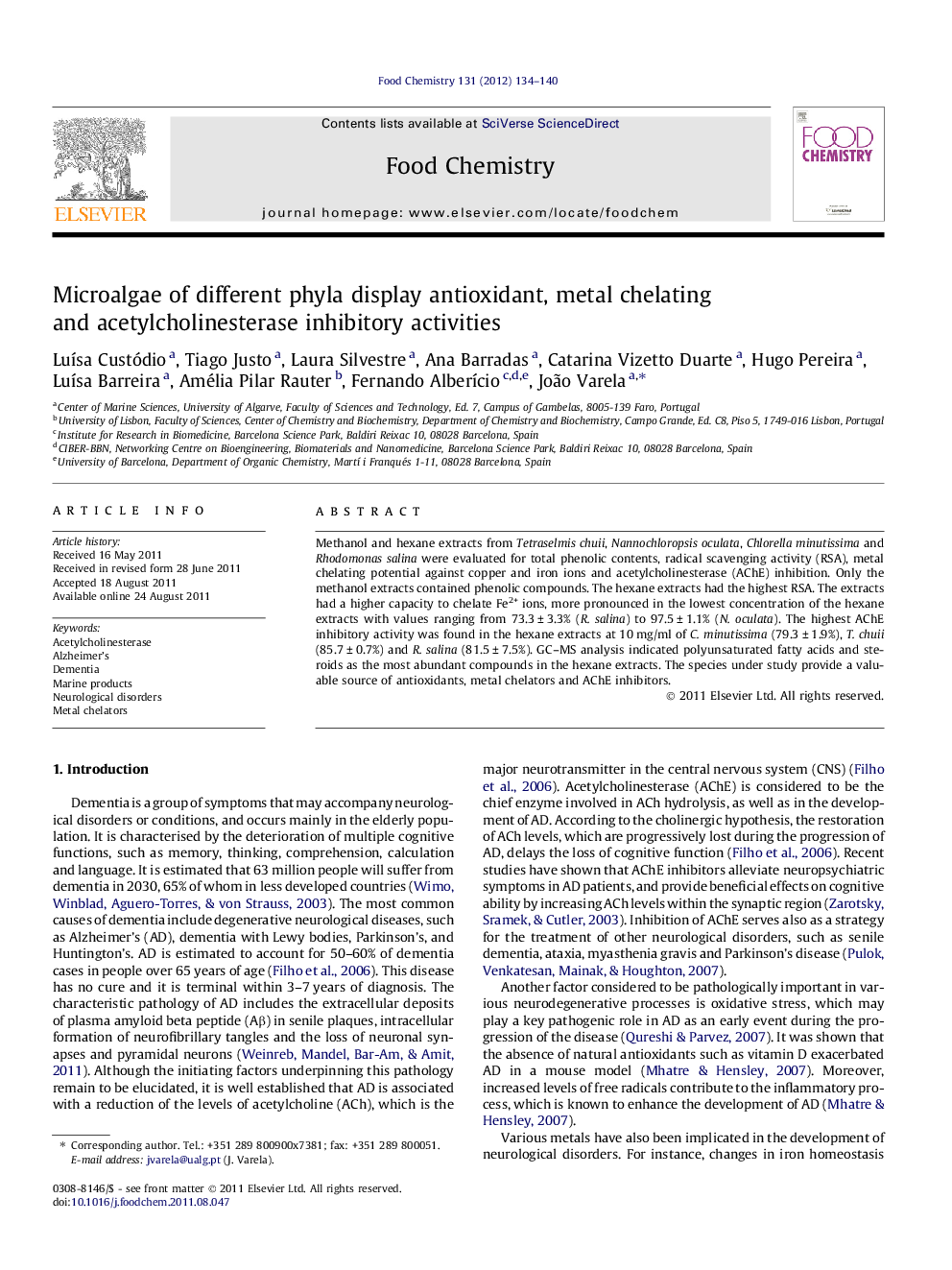 Microalgae of different phyla display antioxidant, metal chelating and acetylcholinesterase inhibitory activities