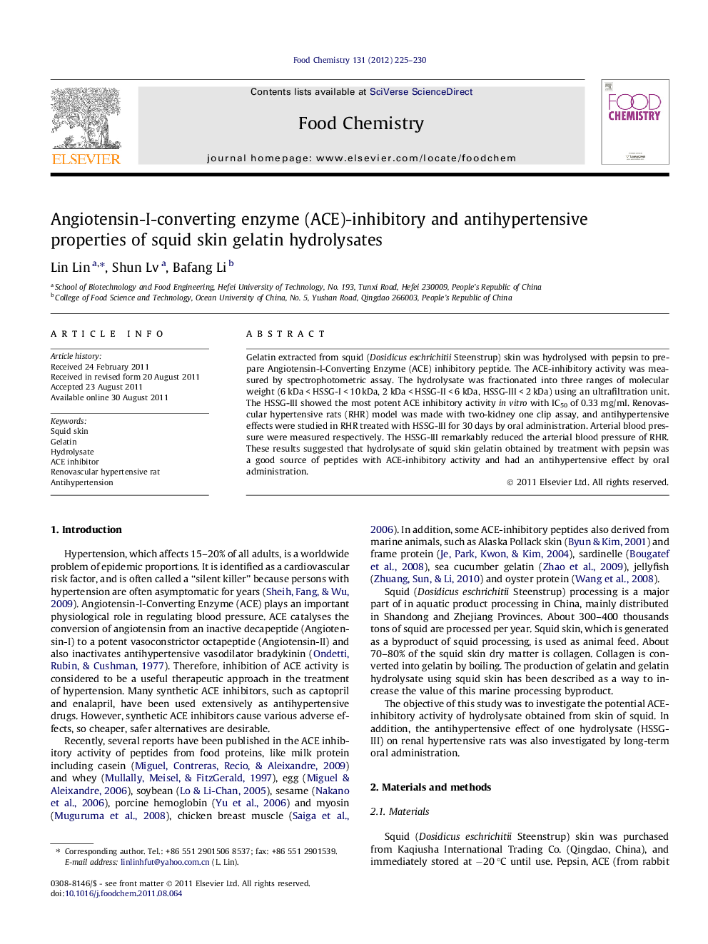 Angiotensin-I-converting enzyme (ACE)-inhibitory and antihypertensive properties of squid skin gelatin hydrolysates