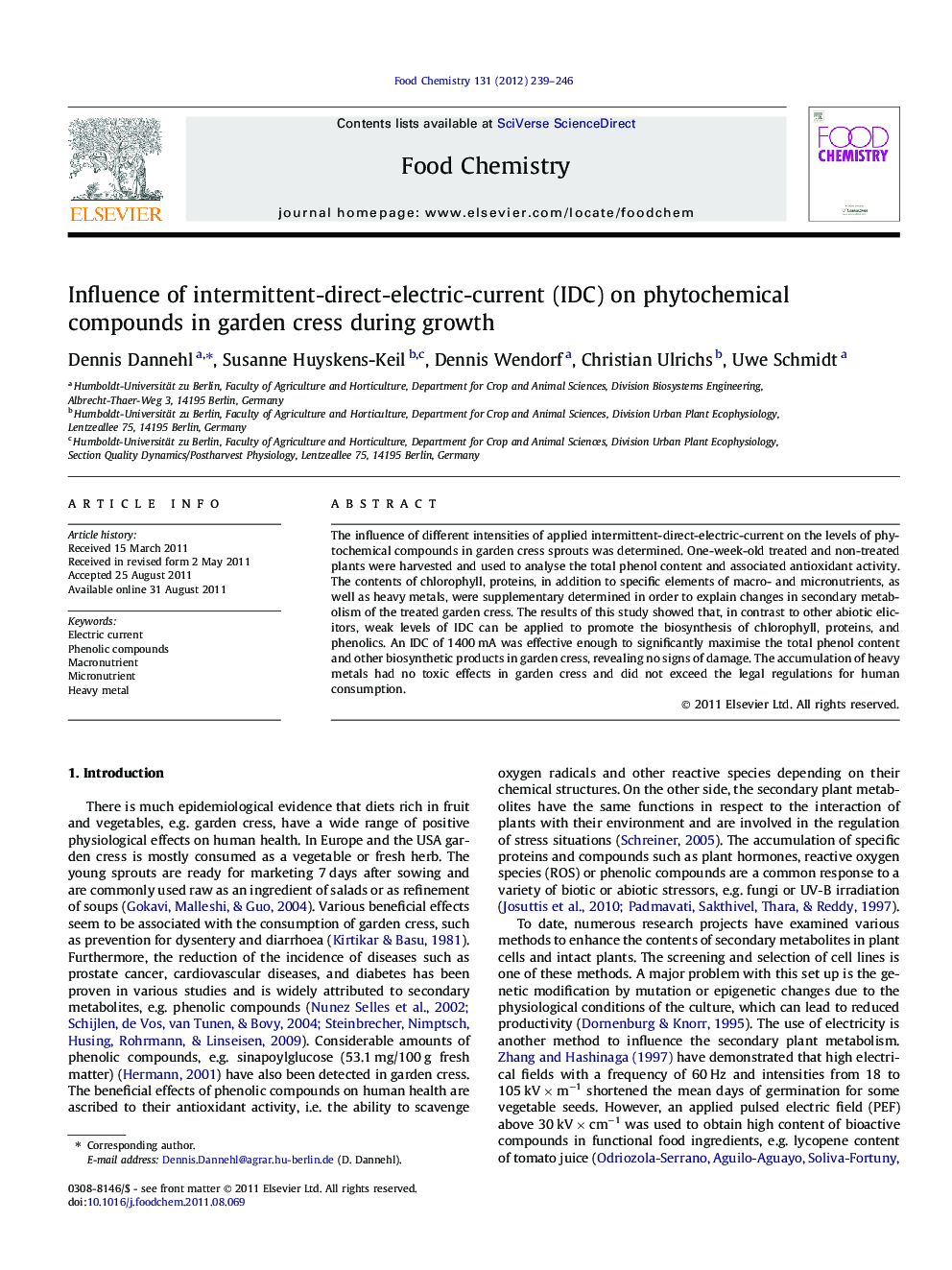 Influence of intermittent-direct-electric-current (IDC) on phytochemical compounds in garden cress during growth