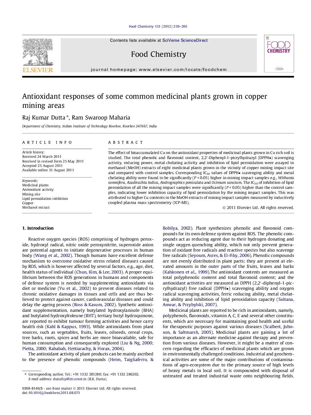 Antioxidant responses of some common medicinal plants grown in copper mining areas