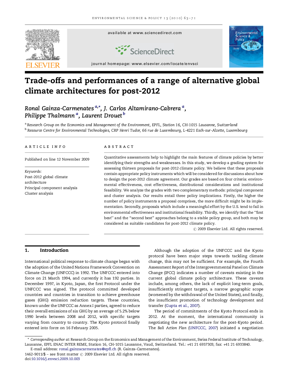 Trade-offs and performances of a range of alternative global climate architectures for post-2012