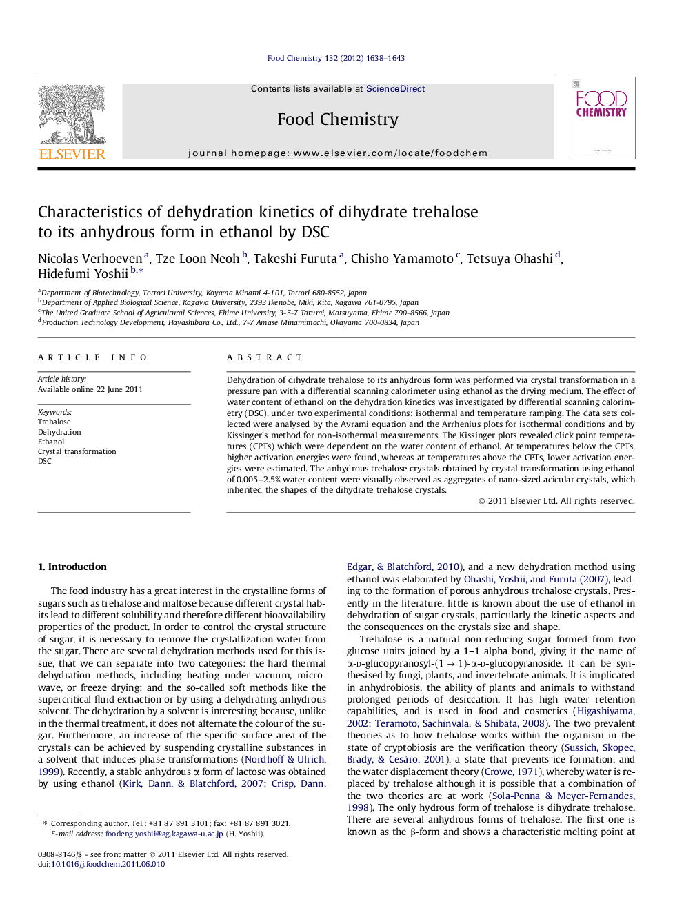 Characteristics of dehydration kinetics of dihydrate trehalose to its anhydrous form in ethanol by DSC