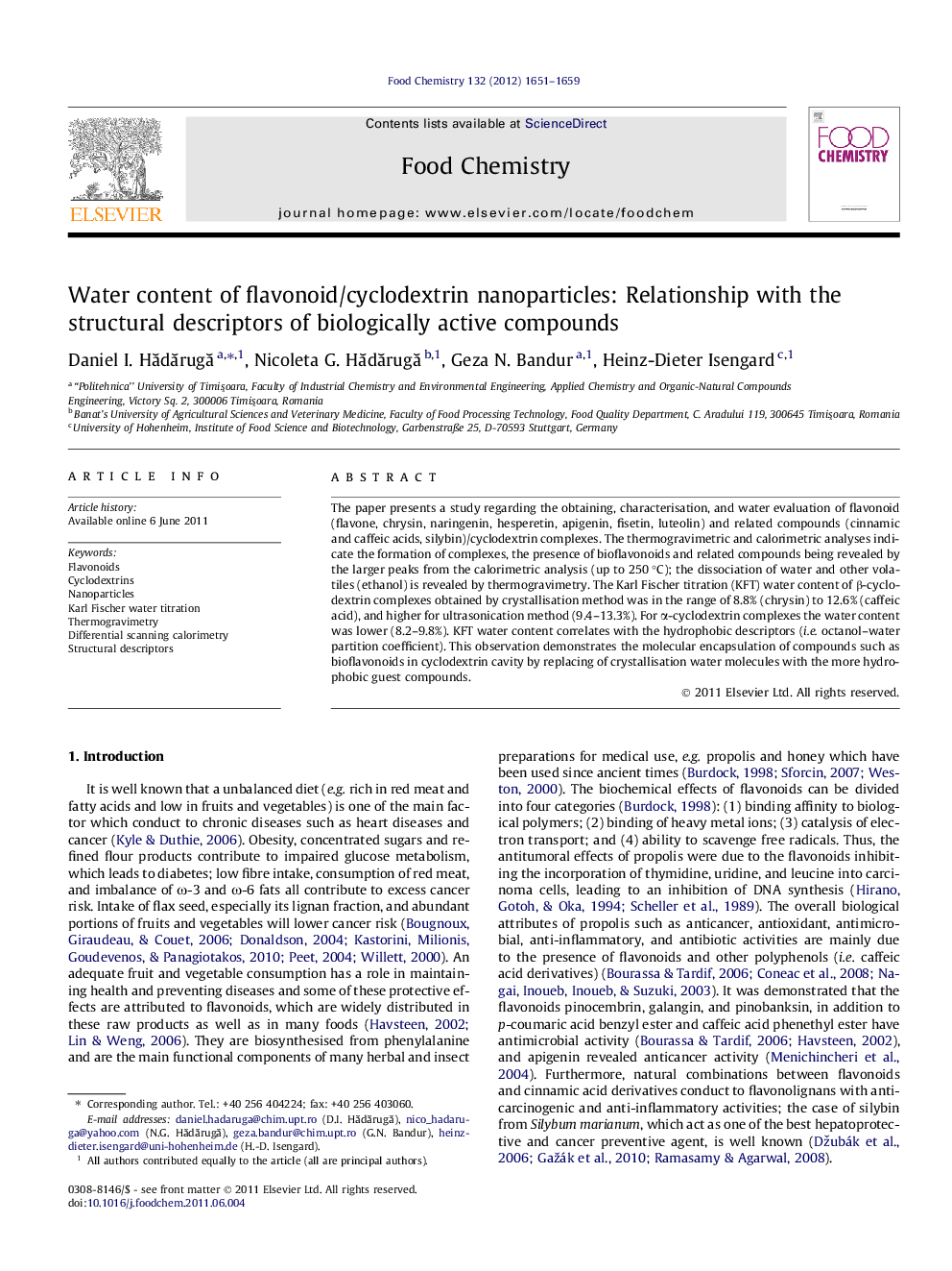 Water content of flavonoid/cyclodextrin nanoparticles: Relationship with the structural descriptors of biologically active compounds