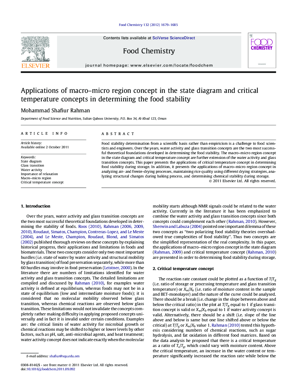 Applications of macro-micro region concept in the state diagram and critical temperature concepts in determining the food stability