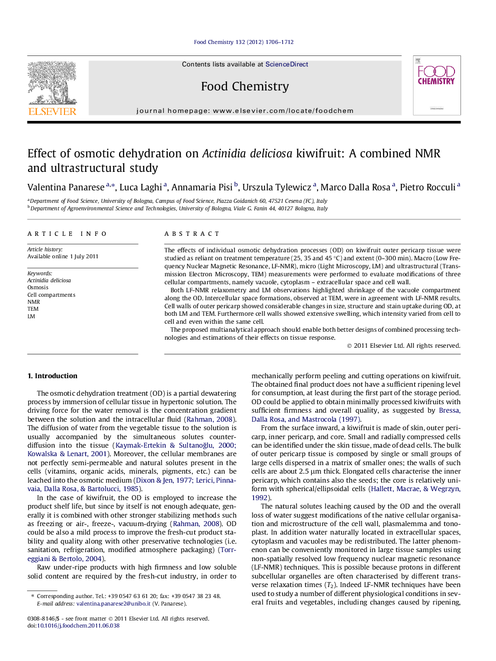 Effect of osmotic dehydration on Actinidia deliciosa kiwifruit: A combined NMR and ultrastructural study