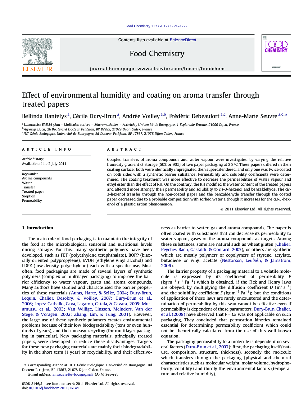 Effect of environmental humidity and coating on aroma transfer through treated papers