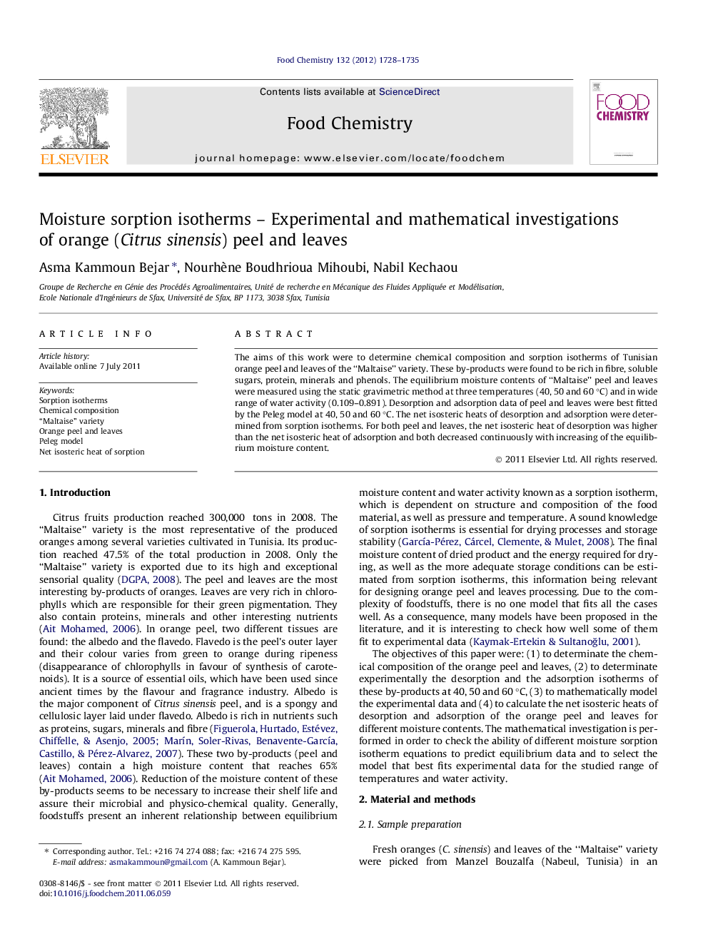 Moisture sorption isotherms - Experimental and mathematical investigations of orange (Citrus sinensis) peel and leaves