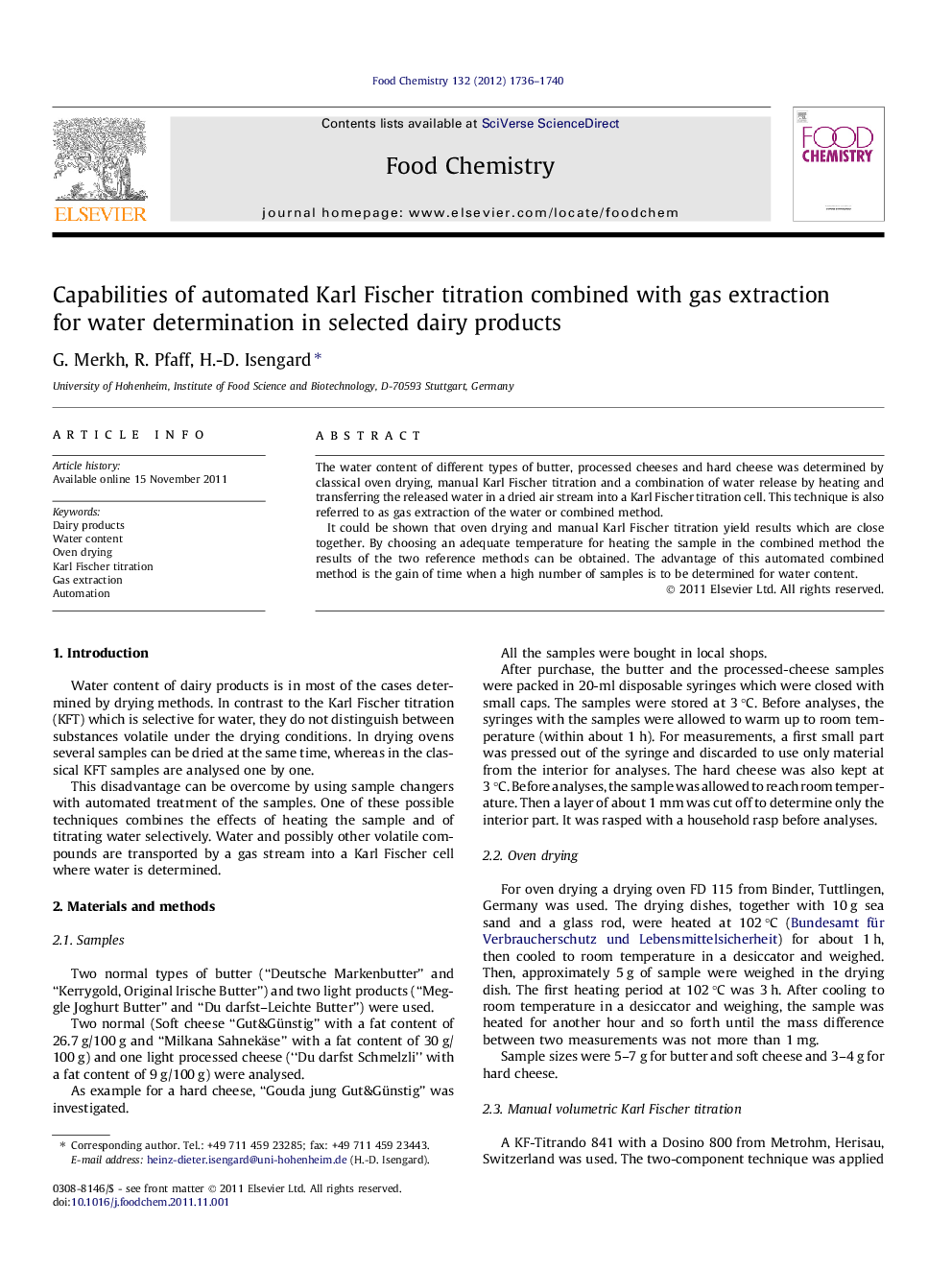 Capabilities of automated Karl Fischer titration combined with gas extraction for water determination in selected dairy products