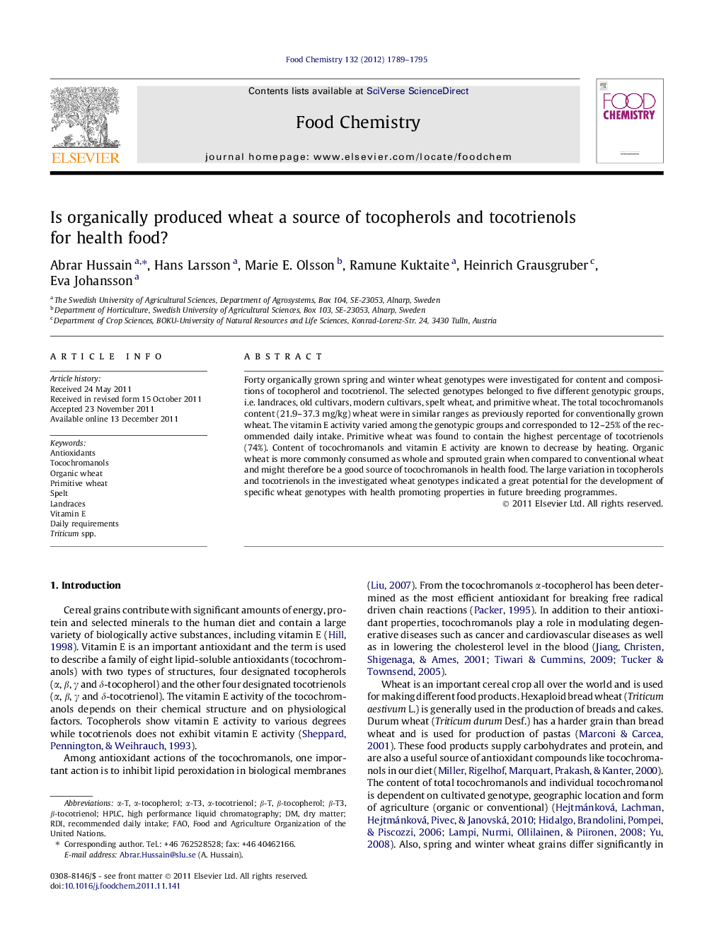 Is organically produced wheat a source of tocopherols and tocotrienols for health food?