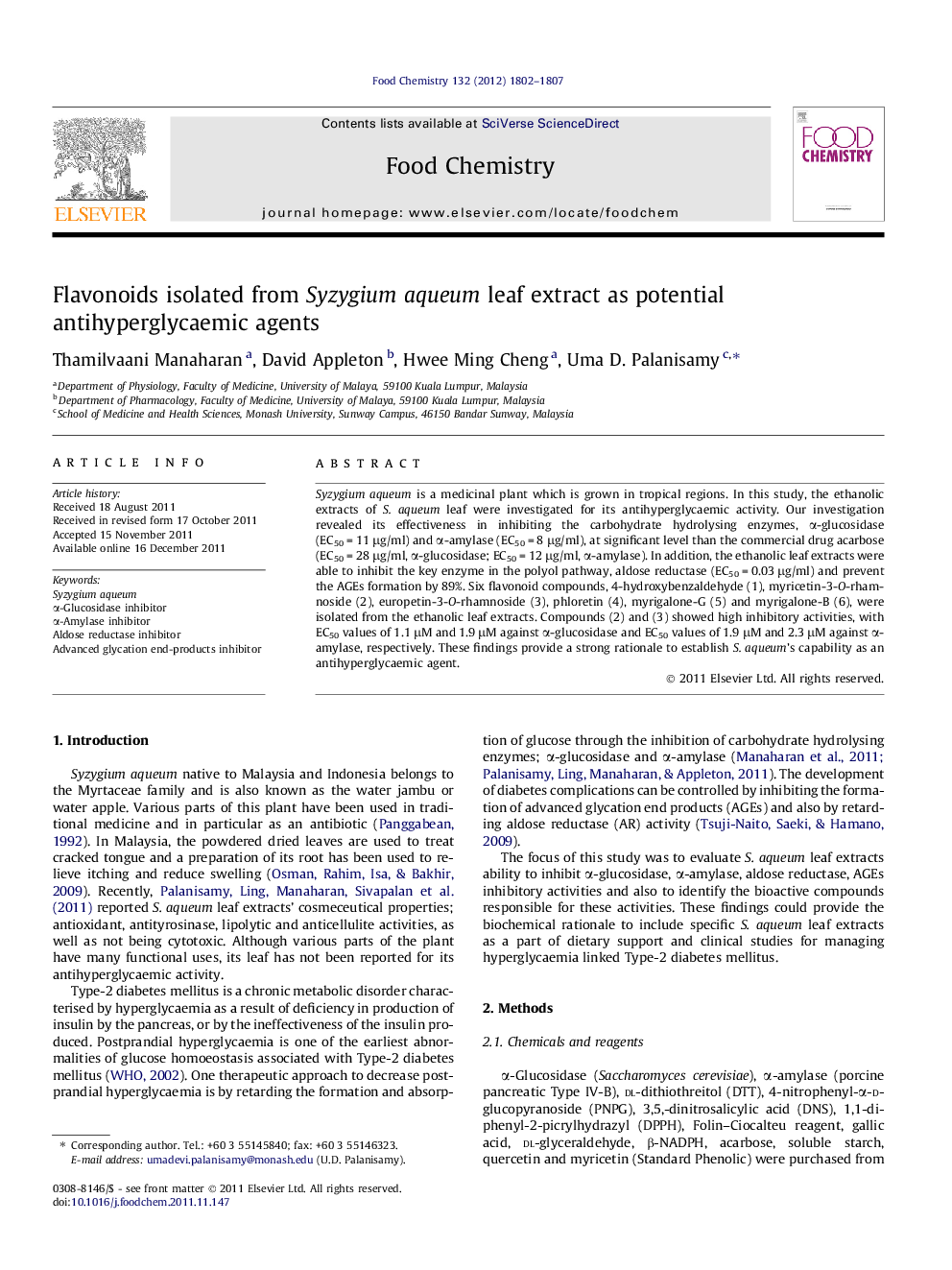 Flavonoids isolated from Syzygium aqueum leaf extract as potential antihyperglycaemic agents