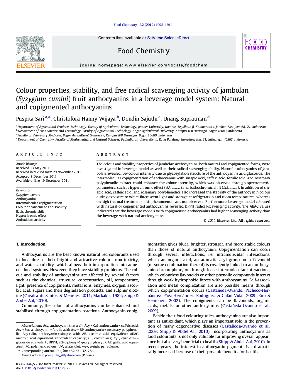 Colour properties, stability, and free radical scavenging activity of jambolan (Syzygium cumini) fruit anthocyanins in a beverage model system: Natural and copigmented anthocyanins