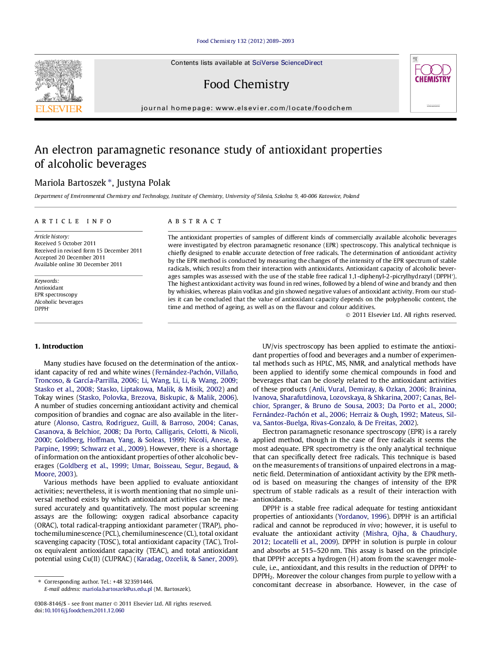 An electron paramagnetic resonance study of antioxidant properties of alcoholic beverages