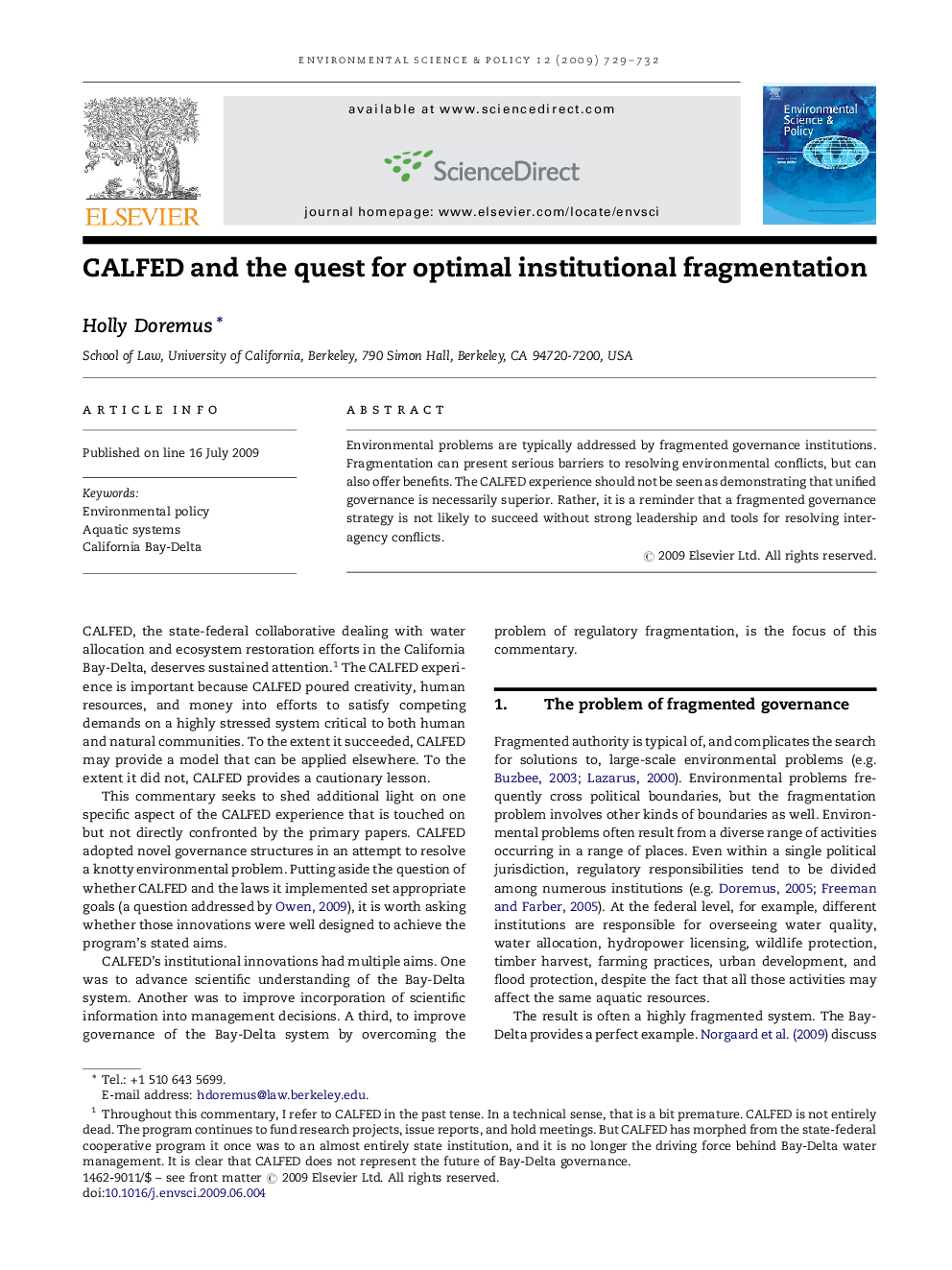 CALFED and the quest for optimal institutional fragmentation