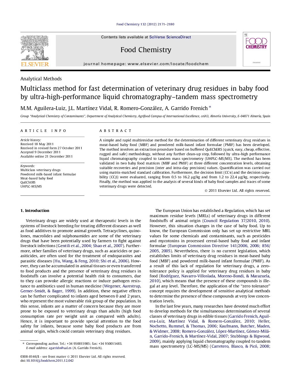 Multiclass method for fast determination of veterinary drug residues in baby food by ultra-high-performance liquid chromatography-tandem mass spectrometry