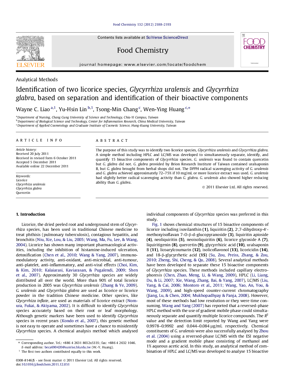 Identification of two licorice species, Glycyrrhiza uralensis and Glycyrrhiza glabra, based on separation and identification of their bioactive components