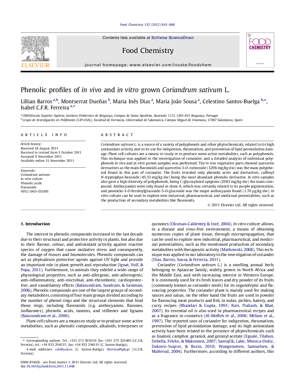 عکس صفحه اول مقاله: Phenolic profiles of in vivo and in vitro grown Coriandrum sativum L. Phenolic profiles of in vivo and in vitro grown Coriandrum sativum L.