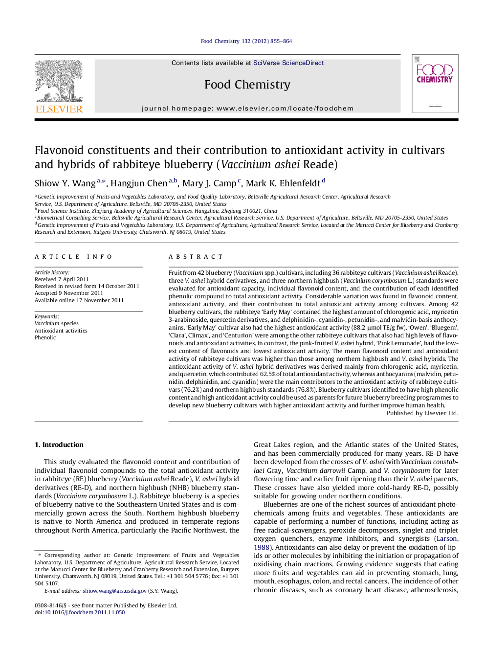 Flavonoid constituents and their contribution to antioxidant activity in cultivars and hybrids of rabbiteye blueberry (Vaccinium ashei Reade)