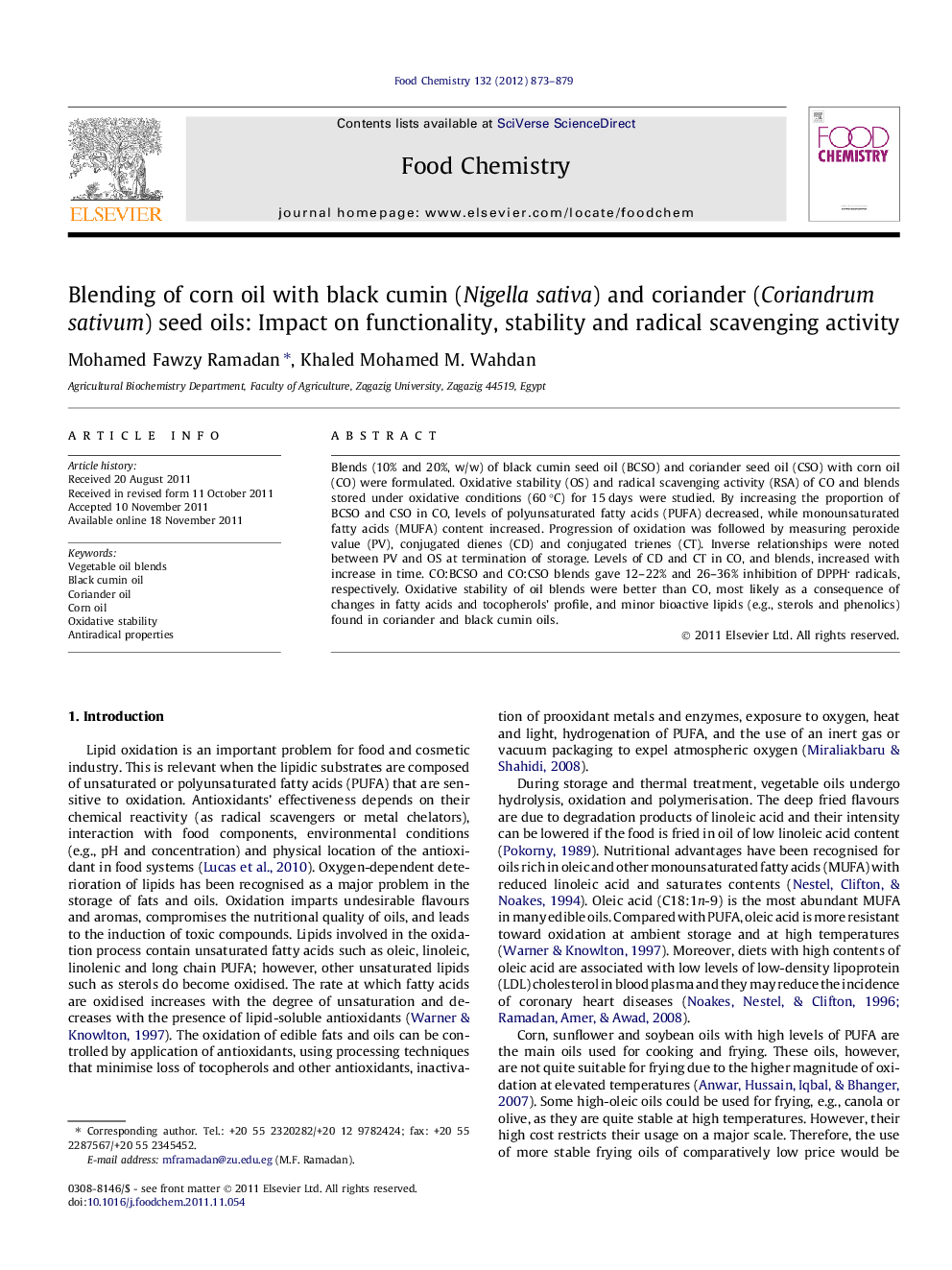 Blending of corn oil with black cumin (Nigella sativa) and coriander (Coriandrum sativum) seed oils: Impact on functionality, stability and radical scavenging activity