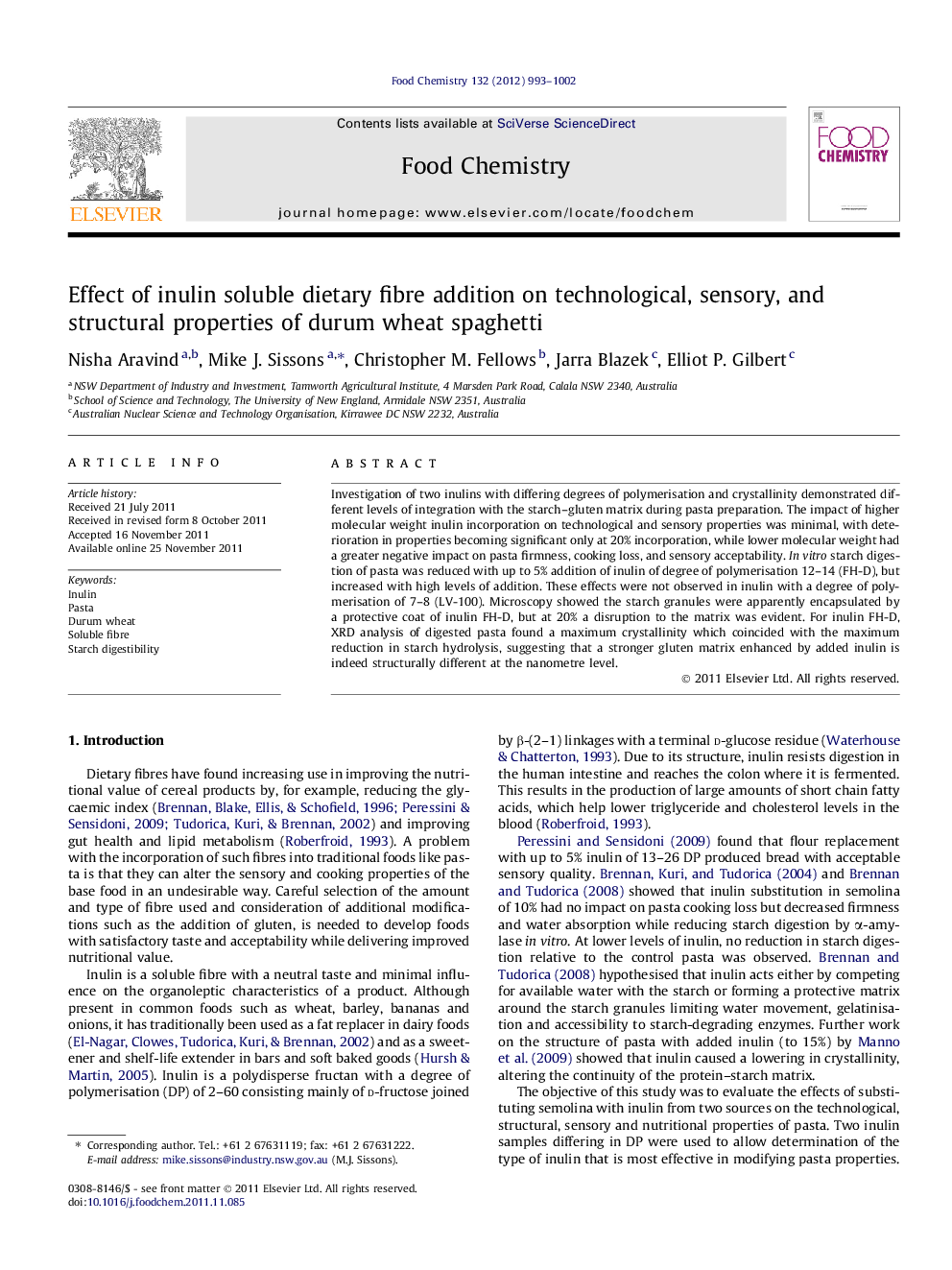 Effect of inulin soluble dietary fibre addition on technological, sensory, and structural properties of durum wheat spaghetti